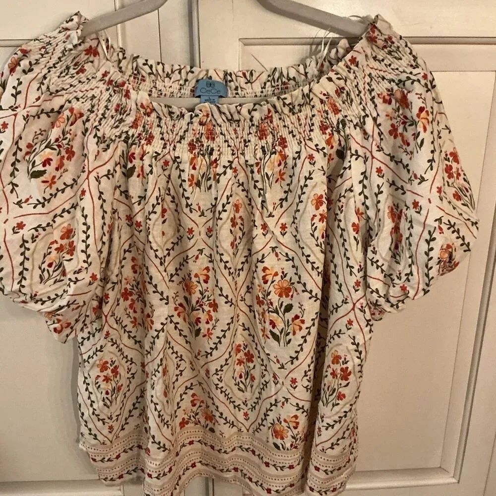 CeCe Peasant Top Blouse with Trellis Vine Print Puff Sleeves Sz L